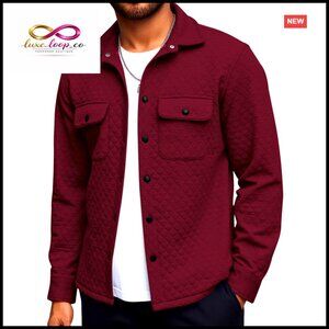 Men's Lightweight Quilted Shacket Snap Button Collar Long Sleeve Pockets